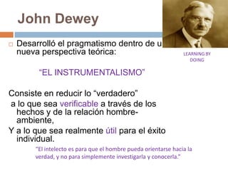John Dewey
   Desarrolló el pragmatismo dentro de una
    nueva perspectiva teórica:                                   LEARNING BY
                                                                    DOING

         “EL INSTRUMENTALISMO”

Consiste en reducir lo “verdadero”
a lo que sea verificable a través de los
  hechos y de la relación hombre-
  ambiente,
Y a lo que sea realmente útil para el éxito
  individual.
        “El intelecto es para que el hombre pueda orientarse hacia la
        verdad, y no para simplemente investigarla y conocerla.”
 