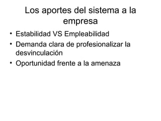 Los aportes del sistema a la empresa Estabilidad VS Empleabilidad Demanda clara de profesionalizar la desvinculación Oportunidad frente a la amenaza 