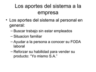 Los aportes del sistema a la empresa Los aportes del sistema al personal en general: Buscar trabajo sin estar empleados Situacion familiar Ayudar a la persona a conocer su FODA laboral Reforzar su habilidad para vender su producto: “Yo mismo S.A.” 