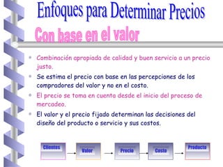 Combinación apropiada de calidad y buen servicio a un precio justo. Se estima el precio con base en las percepciones de los compradores del valor y no en el costo. El precio se toma en cuenta desde el inicio del proceso de mercadeo. El valor y el precio fijado determinan las decisiones del diseño del producto o servicio y sus costos. Enfoques para Determinar Precios Con base en el valor Clientes Valor Precio Costo Producto 