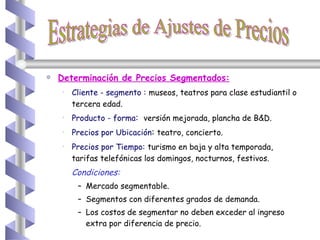 Determinación de Precios Segmentados: Cliente - segmento :   museos, teatros para clase estudiantil o tercera edad. Producto - forma :   versión mejorada, plancha de B&D. Precios por Ubicación :  teatro, concierto. Precios por Tiempo:   turismo en baja y alta temporada, tarifas telefónicas los domingos, nocturnos, festivos. Condiciones: Mercado segmentable. Segmentos con diferentes grados de demanda. Los costos de segmentar no deben exceder al ingreso extra por diferencia de precio. Estrategias de Ajustes de Precios 