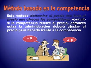 Este método determina el precio con base al
precio que ofrecen los competidores, ejemplo
si la competencia reduce el precio, entonces
quizá la administración deberá ajustar el
precio para hacerle frente a la competencia.

           -$
                                 +$
 
