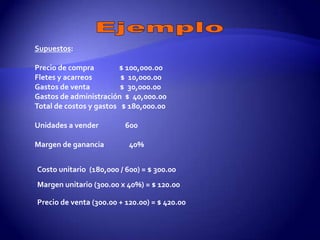 Supuestos:

Precio de compra         $ 100,000.00
Fletes y acarreos        $ 10,000.00
Gastos de venta          $ 30,000.00
Gastos de administración $ 40,000.00
Total de costos y gastos $ 180,000.00

Unidades a vender         600

Margen de ganancia         40%


Costo unitario (180,000 / 600) = $ 300.00
Margen unitario (300.00 x 40%) = $ 120.00

Precio de venta (300.00 + 120.00) = $ 420.00
 