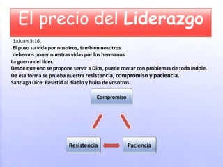 El precio del Liderazgo
1aJuan 3:16.
El puso su vida por nosotros, también nosotros
debemos poner nuestras vidas por los hermanos.
La guerra del líder.
Desde que uno se propone servir a Dios, puede contar con problemas de toda índole.
De esa forma se prueba nuestra resistencia, compromiso y paciencia.
Santiago Dice: Resistid al diablo y huira de vosotros
 