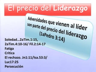 El precio del Liderazgo
Soledad…2aTim.1:15,
2aTim.4:10-16/ Fil.2:14-17
Fatiga
Critica
El rechazo. Jn1:11/Isa.53:3/
Luc17:25
Persecución
 