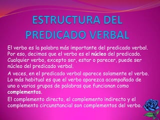 El verbo es la palabra más importante del predicado verbal.
Por eso, decimos que el verbo es el núcleo del predicado.
Cualquier verbo, excepto ser, estar o parecer, puede ser
núcleo del predicado verbal.
A veces, en el predicado verbal aparece solamente el verbo.
Lo más habitual es que el verbo aparezca acompañado de
uno o varios grupos de palabras que funcionan como
complementos.
El complemento directo, el complemento indirecto y el
complemento circunstancial son complementos del verbo.
 