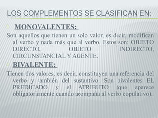  MONOVALENTES: 
Son aquellos que tienen un solo valor, es decir, modifican 
al verbo y nada más que al verbo. Estos son: OBJETO 
DIRECTO, OBJETO INDIRECTO, 
CIRCUNSTANCIAL Y AGENTE. 
 BIVALENTE: 
Tienen dos valores, es decir, constituyen una referencia del 
verbo y también del sustantivo. Son bivalentes EL 
PREDICADO y el ATRIBUTO (que aparece 
obligatoriamente cuando acompaña al verbo copulativo). 
 