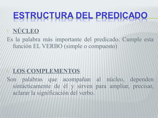  NÚCLEO 
Es la palabra más importante del predicado. Cumple esta 
función EL VERBO (simple o compuesto) 
 LOS COMPLEMENTOS 
Son palabras que acompañan al núcleo, dependen 
sintácticamente de él y sirven para ampliar, precisar, 
aclarar la significación del verbo. 
 