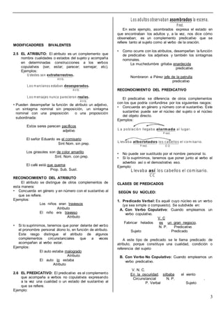 3
MODIFICADORES BIVALENTES
2.5 EL ATRIBUTO: El atributo es un complemento que
nombra cualidades o estados del sujeto y acompaña
en determinadas construcciones a los verbos
copulativos (ser, estar; parecer; semejar; etc).
Ejemplos:
• Pueden desempeñar la función de atributo un adjetivo,
un sintagma nominal sin preposición, un sintagma
nominal con una preposición o una proposición
subordinada:
Estos seres parecen pacíficos
adjetivo
El señor Eduardo es el comisario
Sint Nom. sin prep.
Los girasoles son de color amarillo
Sint. Nom. con prep.
El café está que quema
Prop. Sub. Sust.
RECONOCIMIENTO DEL ATRIBUTO
El atributo se distingue de otros complementos de
esta manera:
• Concuerda en género y en número con el sustantivo al
que se refiere.
Ejemplos:
Los niños eran traviesos
Atributo
El niño era travieso
Atributo
• Si lo suprimimos, tenemos que poner delante del verbo
el pronombre personal átono lo, en función de atributo.
Este rasgo distingue el atributo de algunos
complementos circunstanciales que a veces
acompañan al verbo estar.
Ejemplos:
El auto estaba malogrado
Atributo
El auto lo estaba
Atributo
2.6 EL PREDICATIVO: El predicativo es el complemento
que acompaña a verbos no copulativos expresando
a la vez una cualidad o un estado del sustantivo al
que se refiere.
Ejemplo:
En este ejemplo, asombrados expresa el estado en
que encontraban los adultos y, a la vez, nos dice cómo
observaban; es un complemento predicativo que se
refiere tanto al sujeto como al verbo de la oración.
• Como ocurre con los atributos, desempeñan la función
de predicativo los adjetivos y también los sintagmas
nominales.
La muchedumbre gritaba enardecida
predicativo
Nombraron a Pérez jefe de la patrulla
predicativo
RECONOCIMIENTO DEL PREDICATIVO
El predicativo se diferencia de otros complementos
con los que podría confundirse por los siguientes rasgos:
• Concuerda en género y número con el sustantivo. Este
sustantivo puede ser el núcleo del sujeto o el núcleo
del objeto directo.
Ejemplos:
• No puede ser sustituido por el nombre personal lo.
• Si lo suprimimos, tenemos que poner junto al verbo el
adverbio así o el demostrativo eso.
Ejemplo:
CLASES DE PREDICADOS
SEGÚN SU NÚCLEO:
1. Predicado Verbal: Es aquél cuyo núcleo es un verbo
(ya sea simple o compuesto). Se subdivide en:
A. Con Verbo Copulativo: Cuando empleamos un
verbo copulativo.
V. C
Fabricar helados es un gran negocio.
N. P. Predicativo
Sujeto Predicado
A este tipo de predicado se le llama predicado de
atributo, porque constituye una cualidad, condición o
referencia del sujeto
B. Con Verbo No Copulativo: Cuando empleamos un
verbo predicativo.
V. N. C.
En la oscuridad, silbaba el viento
Circunstancial N. P. .
P. Verbal Sujeto
 