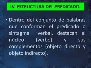 IV. ESTRUCTURA DEL PREDICADO.
• Dentro del conjunto de palabras
que conforman el predicado o
sintagma verbal, destacan el
núcleo (verbo) y sus
complementos (objeto directo y
objeto indirecto).
 