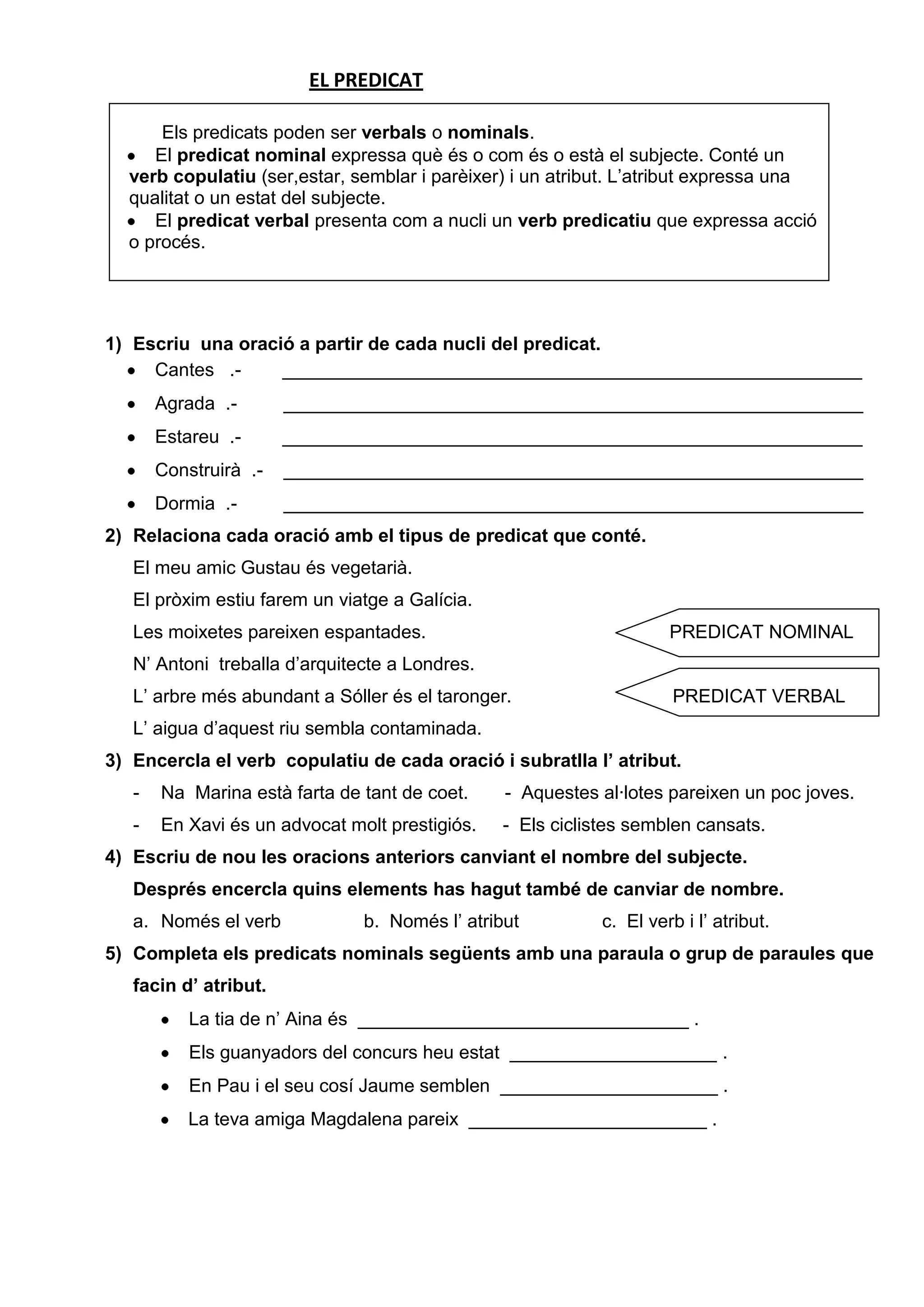 EL PREDICAT
Els predicats poden ser verbals o nominals.
El predicat nominal expressa què és o com és o està el subjecte. Conté un
verb copulatiu (ser,estar, semblar i parèixer) i un atribut. L’atribut expressa una
qualitat o un estat del subjecte.
El predicat verbal presenta com a nucli un verb predicatiu que expressa acció
o procés.
Re
11111111
1) Escriu una oració a partir de cada nucli del predicat.
Cantes .- ________________________________________________________
Agrada .- ________________________________________________________
Estareu .- ________________________________________________________
Construirà .- ________________________________________________________
Dormia .- ________________________________________________________
2) Relaciona cada oració amb el tipus de predicat que conté.
El meu amic Gustau és vegetarià.
El pròxim estiu farem un viatge a Galícia.
Les moixetes pareixen espantades. PREDICAT NOMINAL
N’ Antoni treballa d’arquitecte a Londres.
L’ arbre més abundant a Sóller és el taronger. PREDICAT VERBAL
L’ aigua d’aquest riu sembla contaminada.
3) Encercla el verb copulatiu de cada oració i subratlla l’ atribut.
- Na Marina està farta de tant de coet. - Aquestes al·lotes pareixen un poc joves.
- En Xavi és un advocat molt prestigiós. - Els ciclistes semblen cansats.
4) Escriu de nou les oracions anteriors canviant el nombre del subjecte.
Després encercla quins elements has hagut també de canviar de nombre.
a. Només el verb b. Només l’ atribut c. El verb i l’ atribut.
5) Completa els predicats nominals següents amb una paraula o grup de paraules que
facin d’ atribut.
La tia de n’ Aina és ________________________________ .
Els guanyadors del concurs heu estat ____________________ .
En Pau i el seu cosí Jaume semblen _____________________ .
La teva amiga Magdalena pareix _______________________ .
 