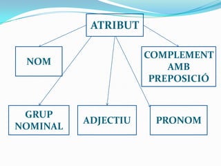 ATRIBUT
NOM
GRUP
NOMINAL
ADJECTIU PRONOM
COMPLEMENT
AMB
PREPOSICIÓ