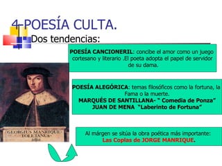4-POESÍA CULTA. Dos tendencias: POESÍA CANCIONERIL : concibe el amor como un juego  cortesano y literario .El poeta adopta el papel de servidor de su dama. POESÍA ALEGÓRICA : temas filosóficos como la fortuna, la  Fama o la muerte. MARQUÉS DE SANTILLANA- “ Comedia de Ponza” JUAN DE MENA  “Laberinto de Fortuna” Al márgen se sitúa la obra poética más importante:  Las Coplas  de  JORGE MANRIQUE . 