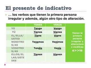 El presente de indicativo
 … los verbos que tienen la primera persona
irregular y además, algún otro tipo de alteración.
TENER VENIR
Tienen la
primera
persona
irregular y
alteracione
s vocálicas
e>>ie
YO Tengo Vengo
TÚ Tienes Vienes
EL/ELLA/
USTED
Tiene Viene
NOSOTRO
S/AS
Tenemos Venimos
VOSOTRO
S/AS
Tenéis Venís
ELLOS/EL
LAS/USTE
DES
Tienen Vienen
 