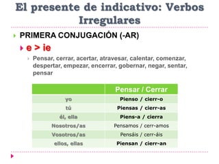 El presente de indicativo: Verbos
Irregulares
 PRIMERA CONJUGACIÓN (-AR)
 e > ie
 Pensar, cerrar, acertar, atravesar, calentar, comenzar,
despertar, empezar, encerrar, gobernar, negar, sentar,
pensar
Pensar / Cerrar
yo Pienso / cierr-o
tú Piensas / cierr-as
él, ella Piens-a / cierra
Nosotros/as Pensamos / cerr-amos
Vosotros/as Pensáis / cerr-áis
ellos, ellas Piensan / cierr-an
 