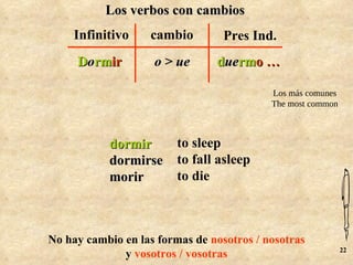 Los verbos con cambios
     Infinitivo    cambio         Pres Ind.
     Dormir         o > ue      duermo …

                                           Los más comunes
                                           The most common



           dormir        to sleep
           dormirse      to fall asleep
           morir         to die



No hay cambio en las formas de nosotros / nosotras
                                                             22
              y vosotros / vosotras
 