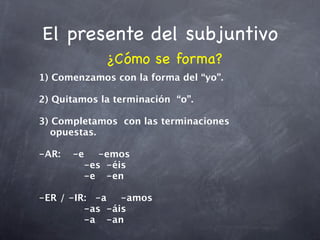 El presente del subjuntivo
             ¿Cómo se forma?
1) Comenzamos con la forma del “yo”.

2) Quitamos la terminación “o”.

3) Completamos con las terminaciones
   opuestas.

-AR:
 -e
 -emos
    

 
 
 
 -es
 -éis

 
 
 
 -e
 -en

-ER / -IR:
 -a
 -amos

 
 
 
 -as
 -áis

 
 
 
 -a
 -an
 
