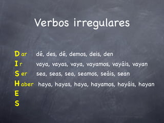 Verbos irregulares

D ar     dé, des, dé, demos, deis, den
Ir       vaya, vayas, vaya, vayamos, vayáis, vayan
S er     sea, seas, sea, seamos, seáis, sean
H aber   haya, hayas, haya, hayamos, hayáis, hayan
E
S
 
