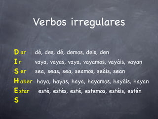 Verbos irregulares

D ar     dé, des, dé, demos, deis, den
Ir       vaya, vayas, vaya, vayamos, vayáis, vayan
S er     sea, seas, sea, seamos, seáis, sean
H aber   haya, hayas, haya, hayamos, hayáis, hayan
E star    esté, estés, esté, estemos, estéis, estén
S
 
