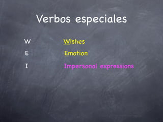 Verbos especiales
W        Wishes
E        Emotion
I        Impersonal expressions
 