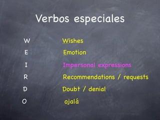 Verbos especiales
W        Wishes
E        Emotion
I        Impersonal expressions
R        Recommendations / requests
D        Doubt / denial
O        ojalá
 