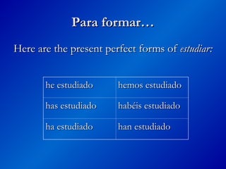 Para formar…
Para formar…
Here are the present perfect forms of
Here are the present perfect forms of estudiar:
estudiar:
he estudiado
he estudiado hemos estudiado
hemos estudiado
has estudiado
has estudiado habéis estudiado
habéis estudiado
ha estudiado
ha estudiado han estudiado
han estudiado
 