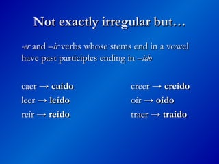Not exactly irregular but…
Not exactly irregular but…
-er
-er and
and –ir
–ir verbs whose stems end in a vowel
verbs whose stems end in a vowel
have past participles ending in
have past participles ending in –ído
–ído
caer →
caer → caído
caído creer →
creer → creído
creído
leer →
leer → leído
leído oír →
oír → oído
oído
reír →
reír → reído
reído traer →
traer → traído
traído
 