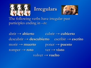 Irregulars
Irregulars
The following verbs have irregular past
The following verbs have irregular past
participles ending in
participles ending in –to:
–to:
abrir →
abrir → abierto
abierto cubrir →
cubrir → cubierto
cubierto
descubrir →
descubrir → descubierto
descubierto escribir →
escribir → escrito
escrito
morir →
morir → muerto
muerto poner →
poner → puesto
puesto
romper →
romper → roto
roto ver →
ver → visto
visto
volver →
volver → vuelto
vuelto
 
