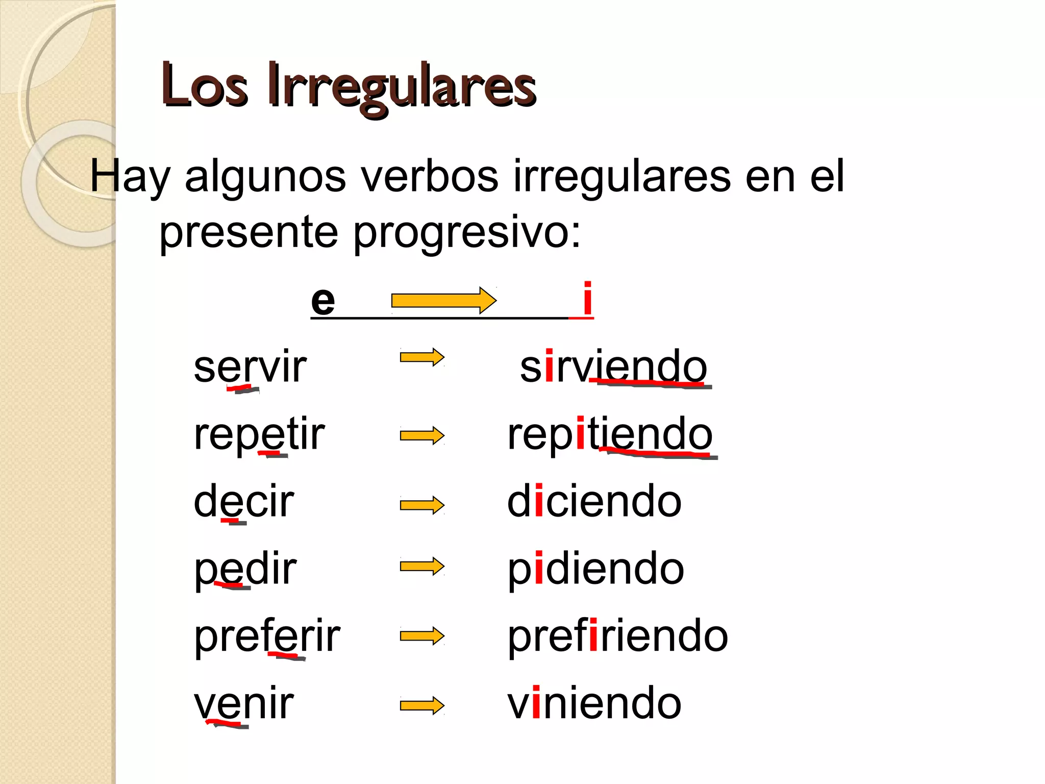 Los IrregularesLos Irregulares
Hay algunos verbos irregulares en el
presente progresivo:
e i
servir sirviendo
repetir repitiendo
decir diciendo
pedir pidiendo
preferir prefiriendo
venir viniendo
 