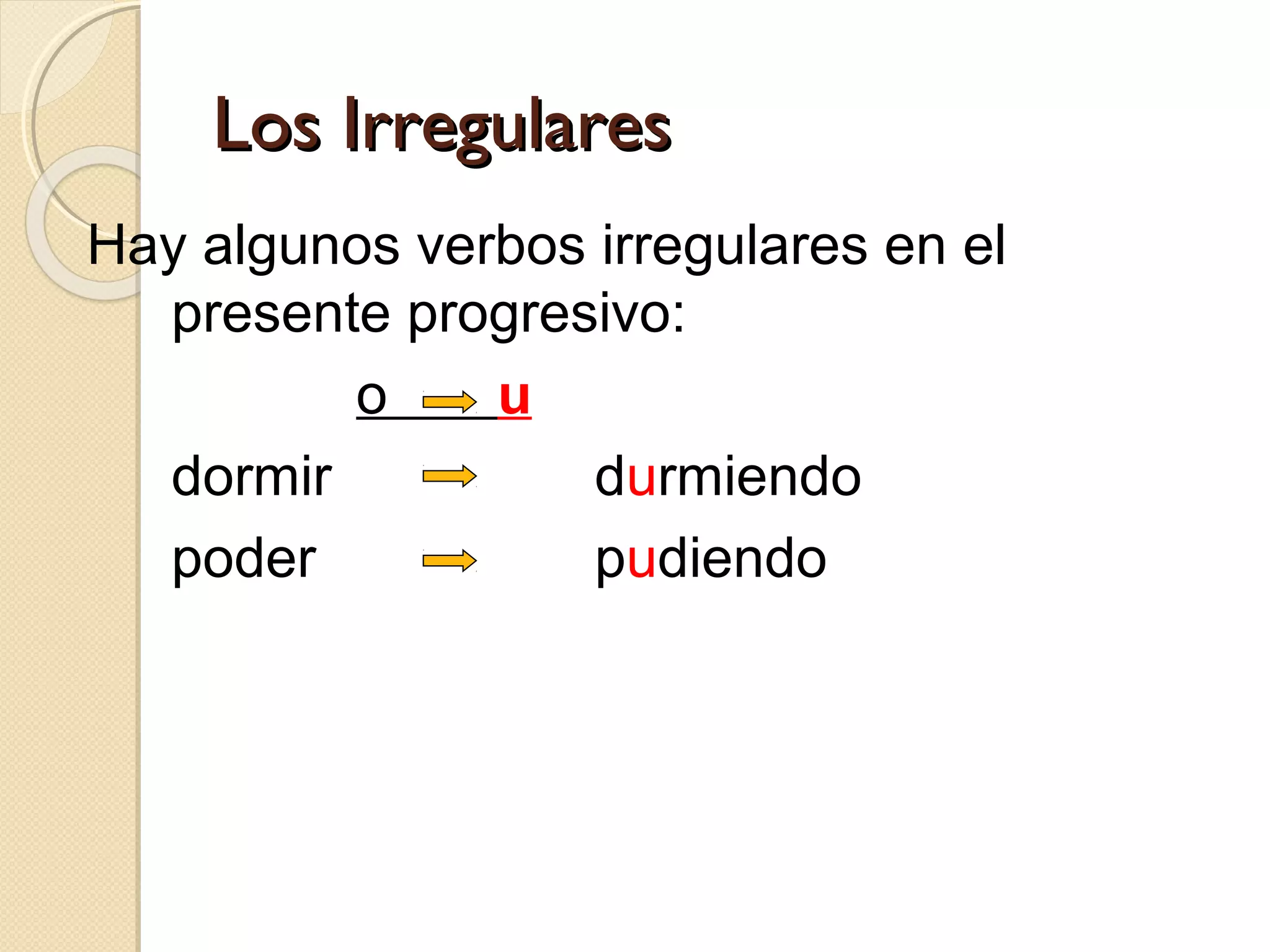 Los IrregularesLos Irregulares
Hay algunos verbos irregulares en el
presente progresivo:
o u
dormir durmiendo
poder pudiendo
 
