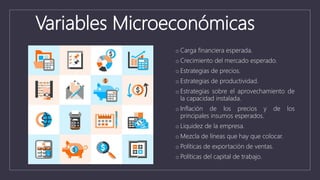 Variables Microeconómicas
o Carga financiera esperada.
o Crecimiento del mercado esperado.
o Estrategias de precios.
o Estrategias de productividad.
o Estrategias sobre el aprovechamiento de
la capacidad instalada.
o Inflación de los precios y de los
principales insumos esperados.
o Liquidez de la empresa.
o Mezcla de líneas que hay que colocar.
o Políticas de exportación de ventas.
o Políticas del capital de trabajo.
 
