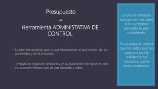 Presupuesto
=
Herramienta ADMINISTATIVA DE
CONTROL
• Es una herramienta que busca incrementar el patrimonio de los
accionistas y de la empresa.
• Empata los objetivos señalados en la planeación del negocio con
los acontecimientos que se van llevando a cabo.
Es una herramienta
que nos permite saber,
si lo que hemos
planeado se esta
cumpliendo.
Es un arma de control
que nos indica que tan
separada esta la
realidad de los
resultados que se
tenían planeados.
 