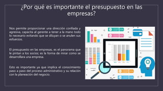 ¿Por qué es importante el presupuesto en las
empresas?
Nos permite proporcionar una dirección confiada y
agresiva, capacita al gerente a tener a la mano todo
lo necesario evitando que se diluyan o se anulen sus
esfuerzos.
El presupuesto en las empresas, es el panorama que
le pintan a los socios; es la forma de mirar como se
desarrollara una empresa.
Esto es importante ya que implica el conocimiento
paso a paso del proceso administrativo y su relación
con la planeación del negocio.
 