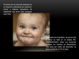El primer año de vida esta dedicado en
su mayoría a esforzarse por sobrevivir,
formar y elaborar dispositivos de
adaptación que sirvan para conseguir
esta meta.




                                          Spitz parte de la hipótesis de que el niño
                                          al nacer se halla en un estado NO-
                                          DIFERENCIADO; todas sus funciones
                                          incluidos los instintos se diferenciaran
                                          mas tarde por medio del desarrollo, no
                                          tiene constituido el YO al nacer.
 