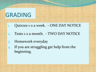 GRADING Quizzes 1-2 a week.  - ONE DAY NOTICE Tests 1-2 a month.  - TWO DAY NOTICE Homework everyday If you are struggling get help from the beginning. 