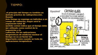 TIEMPO:
el principio del tiempo es también un
método práctico de radioprotección.
Cuanto
más tiempo se exponga un individuo a un
campo de radiación, mayor será la
exposición total. El
sentido común indica que el tiempo debe
ser utilizado como control de la
exposición a la
radiación. En las aplicaciones
diagnósticas de medicina nuclear el
tiempo no es un factor tan
importante como cuando se trata de
aplicaciones terapéuticas
 