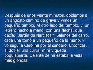 Después de unos veinte minutos, doblamos a un angosto camino de grava y vimos un pequeño templo. Al otro lado del templo, vi un letrero hecho a mano, con una flecha, que decía: “Jardín de Narcisos.”  Salimos del carro, cada una tomó a un pequeño de la mano, y yo seguí a Carolina por el sendero. Entonces, al doblar una curva, miré y quedé boquiabierta. Delante de mí estaba la vista más gloriosa.  