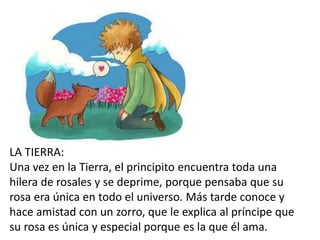 LA TIERRA:
Una vez en la Tierra, el principito encuentra toda una
hilera de rosales y se deprime, porque pensaba que su
rosa era única en todo el universo. Más tarde conoce y
hace amistad con un zorro, que le explica al príncipe que
su rosa es única y especial porque es la que él ama.
 