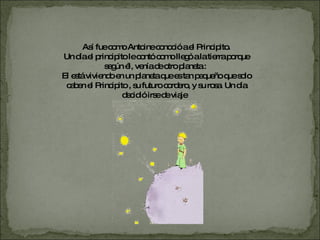 Así fue como Antoine conoció a el Principito. Un día el principito le contó como llegó a la tierra porque según él, venía de otro planeta :  El está viviendo en un planeta que es tan pequeño que solo caben el Principito , su futuro cordero, y su rosa. Un día decidió irse de viaje  