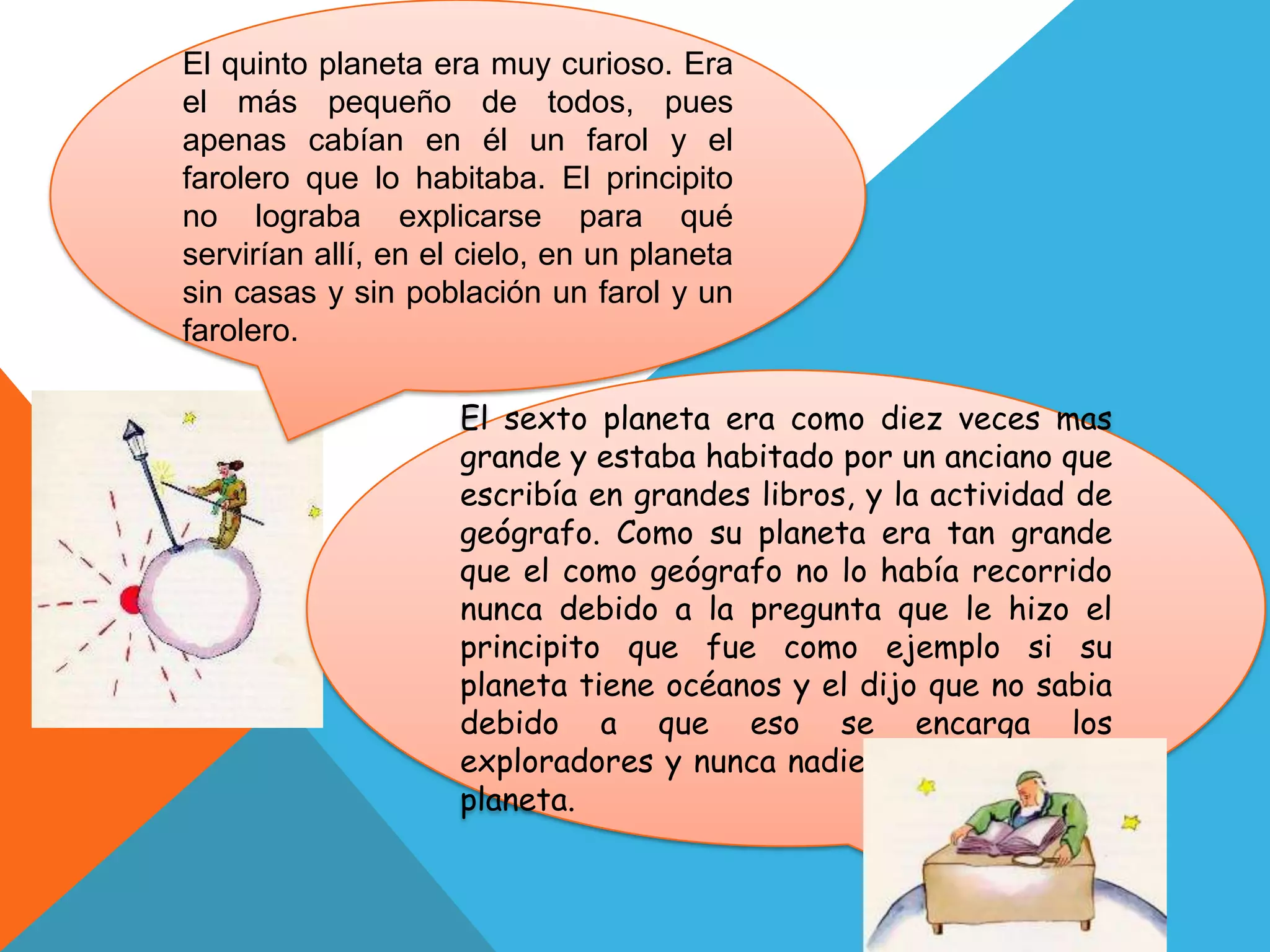El quinto planeta era muy curioso. Era
el más pequeño de todos, pues
apenas cabían en él un farol y el
farolero que lo habitaba. El principito
no lograba explicarse para qué
servirían allí, en el cielo, en un planeta
sin casas y sin población un farol y un
farolero.

                     El sexto planeta era como diez veces mas
                     grande y estaba habitado por un anciano que
                     escribía en grandes libros, y la actividad de
                     geógrafo. Como su planeta era tan grande
                     que el como geógrafo no lo había recorrido
                     nunca debido a la pregunta que le hizo el
                     principito que fue como ejemplo si su
                     planeta tiene océanos y el dijo que no sabia
                     debido a que eso se encarga los
                     exploradores y nunca nadie a explorado ese
                     planeta.
 