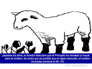 pasados los años..el Aviador descubre que el Principito ha olvidado un bozal
  para el cordero, de modo que es posible que en algún descuido, el cordero
                         se pueda comerse la flor ,Fin
 