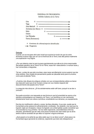 Debate
Cuando uno se recupera del susto inicial que supone la noción de que los extra
terrestres tuvieron algo que ver con la herencia de la Tierra, todo ello parece realmente
una explicación muy lógica.


¿Por qué debería creer la raza humana egoístamente que ella es la única responsable
del pasado genético de la Tierra? En la Tierra, razas han «descubierto» a nuevas razas y
han comenzado a integrarlas.


Tal vez, y antes de que esto ocurriese, esas razas sencillamente nunca supieron que las
otras existían. Ese modelo de pensamiento puede ser plausible tanto para el universo
como para el planeta Tierra.


¿Cuántos más dibujos de antiguos cohetes con sus correspondientes pilotos se tienen
que descubrir para que el ser humano rompa con sus miedos respecto del
descubrimiento del pasado de la Tierra?

La pregunta más obvia es: ¿Si los extraterrestres están allí fuera, porqué no se dan a
conocer?


Se puede encontrar una respuesta en esa forma en que la humanidad se acerca a los
estudios antropológicos con respecto a la Tierra. Los científicos no van caminando
directamente hacia una cultura «primitiva» enarbolando sus cámaras y su equipamiento.


Ese tipo de modificación cultural, a veces, les lleva décadas. A sus ojos, puede que la
humanidad ya les parezca lo suficientemente «civilizada». No obstante, una raza que ha
logrado viajar por el espacio, incluso ha logrado una unidad global, puede considerar que
la humanidad es muy primitiva. Tal vez estén esperando, escondiéndose entre los
arbustos, permitiendo que tan sólo unos pocos humanos les vean hasta que se dé la
señal a toda la sociedad de que ellos no suponen ninguna amenaza.

¿Qué pasaría si la señal de que ellos están aquí no se diera nunca? ¿Qué pasa si la
humanidad sigue ignorando la evidencia, esperando que todo esto desaparezca?
 