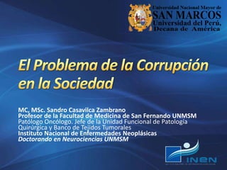 MC, MSc. Sandro Casavilca Zambrano
Profesor de la Facultad de Medicina de San Fernando UNMSM
Patólogo Oncólogo. Jefe de la Unidad Funcional de Patología
Quirúrgica y Banco de Tejidos Tumorales
Instituto Nacional de Enfermedades Neoplásicas
Doctorando en Neurociencias UNMSM
 