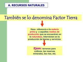 A. RECURSOS NATURALES



También se lo denomina Factor Tierra

               Hace referencia a la materia
              prima y a aquellos medios de
            producción que se encuentran en
             la naturaleza, intervienen en la
            producción de bienes y servicios.



                 Ejem: terrenos para
                  cultivos, las reservas
                 minerales, los ríos, etc.
 