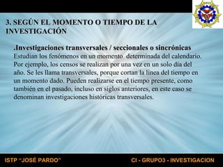 .Investigaciones transversales / seccionales o sincrónicas Estudian los fenómenos en un momento  determinada del calendario. Por ejemplo, los censos se realizan por una vez en un solo día del año. Se les llama transversales, porque cortan la línea del tiempo en un momento dado. Pueden realizarse en el tiempo presente, como también en el pasado, incluso en siglos anteriores, en este caso se denominan investigaciones históricas transversales. 3. SEGÚN EL MOMENTO O TIEMPO DE LA  INVESTIGACIÓN 