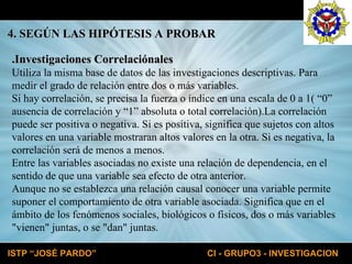 .Investigaciones Correlaciónales Utiliza la misma base de datos de las investigaciones descriptivas. Para medir el grado de relación entre dos o más variables. Si hay correlación, se precisa la fuerza o índice en una escala de 0 a 1( “0” ausencia de correlación y “1” absoluta o total correlación).La correlación puede ser positiva o negativa. Si es positiva, significa que sujetos con altos valores en una variable mostraran altos valores en la otra. Si es negativa, la correlación será de menos a menos. Entre las variables asociadas no existe una relación de dependencia, en el sentido de que una variable sea efecto de otra anterior. Aunque no se establezca una relación causal conocer una variable permite suponer el comportamiento de otra variable asociada. Significa que en el ámbito de los fenómenos sociales, biológicos o físicos, dos o más variables "vienen" juntas, o se "dan" juntas. 4. SEGÚN LAS HIPÓTESIS A PROBAR 