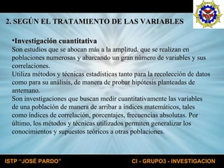 2. SEGÚN EL TRATAMIENTO DE LAS VARIABLES Investigación cuantitativa Son estudios que se abocan más a la amplitud, que se realizan en poblaciones numerosas y abarcando un gran número de variables y sus correlaciones. Utiliza métodos y técnicas estadísticas tanto para la recolección de datos como para su análisis, de manera de probar hipótesis planteadas de antemano. Son investigaciones que buscan medir cuantitativamente las variables de una población de manera de arribar a índices matemáticos, tales como índices de correlación, porcentajes, frecuencias absolutas. Por último, los métodos y técnicas utilizados permiten generalizar los conocimientos y supuestos teóricos a otras poblaciones. 