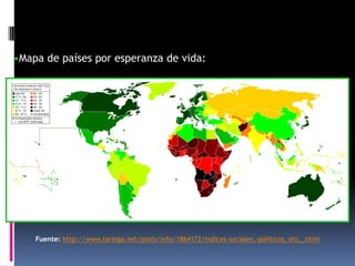 •Mapa de países por esperanza de vida:




    Fuente: http://www.taringa.net/posts/info/1864172/Indices-sociales,-politicos,-etc_.html
 