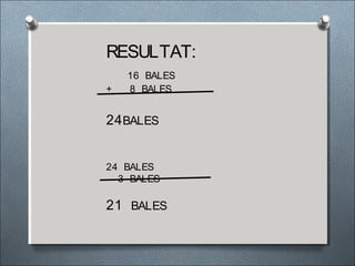 RESULTAT:
16 BALES
+ 8 BALES
24BALES
24 BALES
- 3 BALES
21 BALES