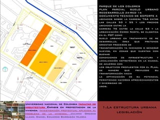 PARQUE DE LOS COLORES
                                                 PLAN     PARCIAL     SUELO     URBANO
                                                 REDESARROLLO Z4-RED 14
                                                 DOCUMENTO TECNICO DE SOPORTE 4
                                                 ubicados sobre la carrera 76A entre
                                                 las calles 53 y 55 y los predios
                                                 ubicados entre la
                                                 carrera 76 entre la calle 53 y la
                                                 urbanización Cerro Norte, se clasifica
                                                 en el POT como
                                                 suelo urbano en tratamiento de re
                                                 desarrollo,     área   que     pretende
                                                 orientar procesos de
                                                 transformación ya iniciados o generar
                                                 nuevos, en zonas que cuentan con
                                                 buenas
                                                 condiciones de infraestructura y
                                                 localización estratégica en la ciudad,
                                                 de acuerdo con
                                                 los objetivos propuestos por el Plan,
                                                 de    manera     que    privilegie   su
                                                 transformación hacia
                                                 la   optimización   de   su   potencial
                                                 permitiendo mayores aprovechamientos
                                                 y diversidad de
                                                 usos.




Universidad nacional de Colombia facultad de
arquitectura Énfasis en proyectacion de la         1.La estructura urbana
vivienda. Investigación proyectual aplicada al
problema de la vivienda. Juliana Orozco                  legislación
Llano. Daniel Eduardo Barragán Viloria
 